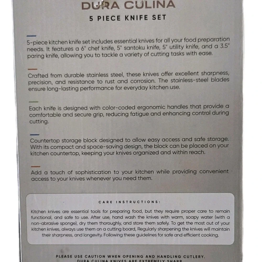Dura Culina 5pc High Carbon Stainless Steel Kitchen Knife Set Storage Block‎ NEW